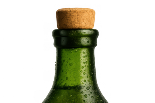 Green glass bottle with a cork stopper and water condensation drops on its surface, indicating a cold, sealed beverage