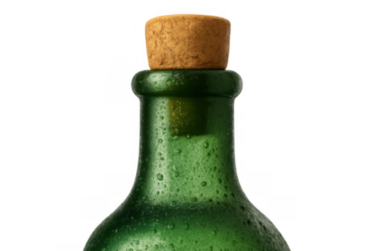 Green bottle with cork stopper, glass showing condensation and water droplets, refreshing cold beverage packaging