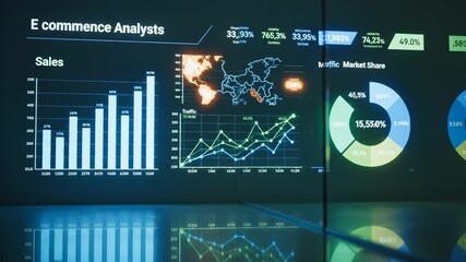 Financial data screen showing charts and graphs, presenting economic information. This data screen illustrates sales, market share, and analyst reports on digital display, - Powered by Adobe