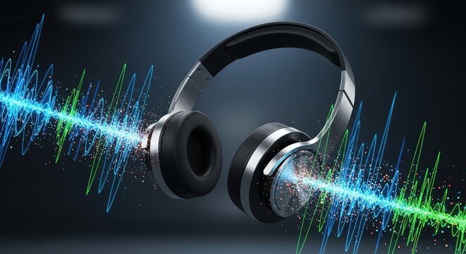 Modern headphones with vibrant glowing sound wave visualizations emanating from them against a dark atmospheric background