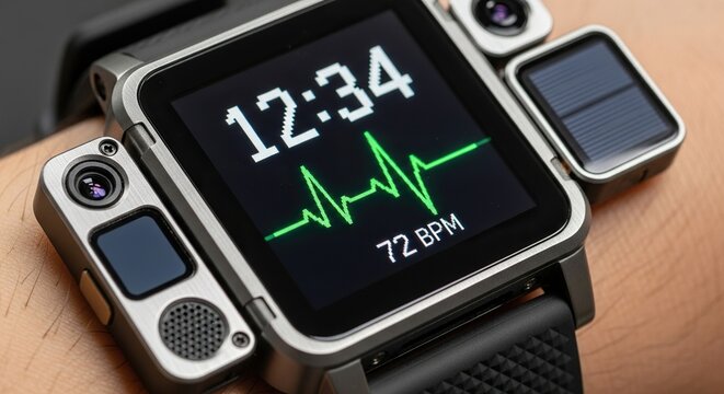 Modern smartwatch displaying a vibrant green electrocardiogram heart rate monitor with digital time and pulse reading on a person s wrist