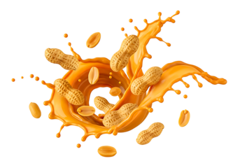 Peanuts splashing in peanut butter isolated on transparent background, a delicious treat