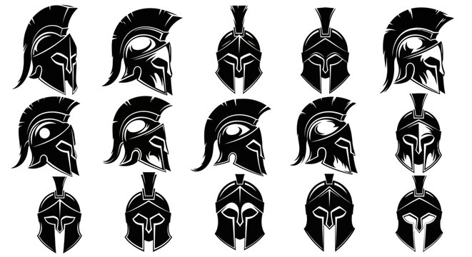 Collection of black silhouette Spartan or ancient Greek warrior helmets in various angles.