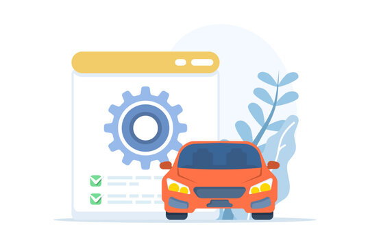 Flat vector illustration of a car repair service inspection. Mechanic checklist and automotive maintenance icons represent vehicle diagnostics, workshop service, and technical safety evaluation.