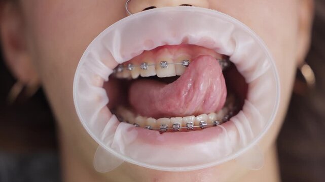Caucasian female with braces on teeth touches teeth with tongue with dental silicone expander in stomatology clinic Top view.