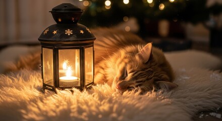 Cozy Cat Napping Near Candle Lantern Under Christmas Tree Lights