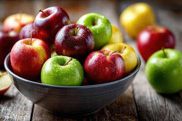 Fresh Red Green and Yellow Apples in a Bowl