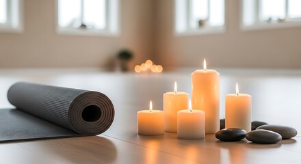 Find Inner Peace: Yoga Mat, Candles, and Stones for Wellness and Mindfulness Promotion, Perfect for Spa, Meditation, and Fitness Blog Design