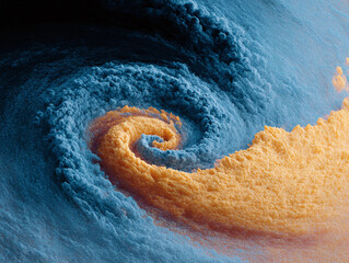 Abstract aerial view. Swirling vortex of blue and gold textures merging, like a storm or cosmic event. Evokes energy, transformation, and the power of nature.