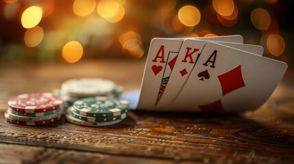 A winning royal flush poker hand with the black ace of spades and gambling chips on a casino table