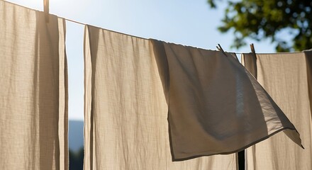 Freshly Washed Linen Drying in the Sun - Embrace a Natural and Sustainable Lifestyle for Home Decor and Eco-Friendly Living.