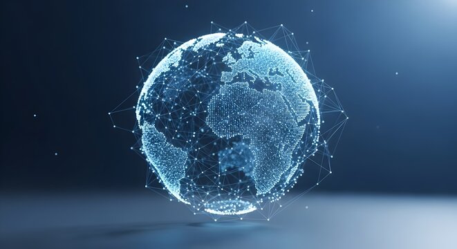 Global Network Sphere
A 3D sphere made of connected points and lines (like a digital globe), floating on a simple gradient background.