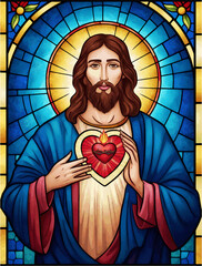 Sacred Heart of Jesus Stained Glass Illustration with Halo Blue Background and Religious Christian Devotional Artwork