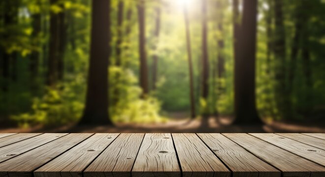 Empty wooden table in sunlit forest with blurred green trees background