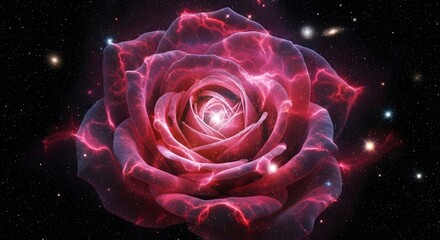 Cosmic rose nebula in deep space with stars and galaxies