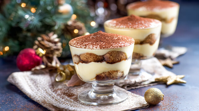 Elegant tiramisu desserts served in glass cups, layered with creamy mascarpone and coffee-soaked biscuits, topped with cocoa powder. - Powered by Adobe