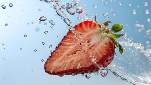 Strawberry half spinning with water droplets and splash macro shot