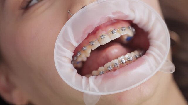 Caucasian female with braces on teeth opens his mouth with dental silicone expander in stomatology clinic Top view.