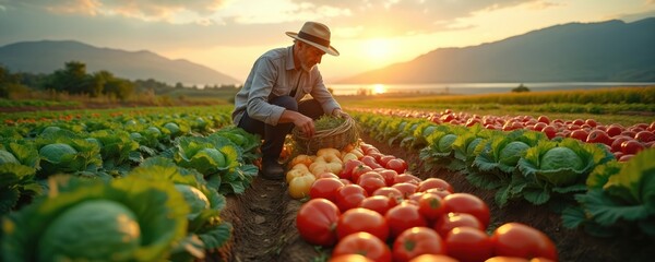Senior farmer harvests fresh crop from field at sunset. Man gathers organic vegetable harvest cabbage, tomatoes, herbs into basket. Agribusiness owner works on farmland. Agriculture business at