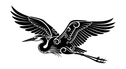 Fototapeta premium Stylized black silhouette of a heron or crane in flight with intricate ornamental patterns on its body and wings.