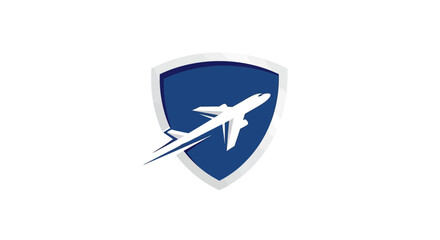 Airplane silhouette in a blue shield logo, travel protection concept.