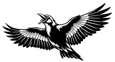 A stylized black and white illustration of a cawing raven in flight with its wings spread wide.