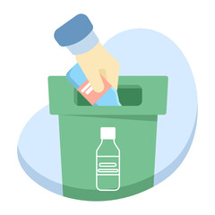A human hand throws plastic bottles into a recycling bin, illustrating waste disposal, trash sorting, and environmental responsibility. Eco-friendly recycling concept art vector illustration.