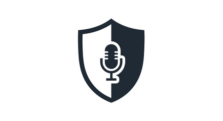 A black and white shield icon with a microphone symbol in the center, representing audio security or privacy.