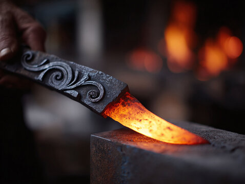 Glow forging shot. A heated metal blade rests on an anvil. The ornate handle suggests craftsmanship and artistry. Perfect for industry, metalwork, and fire symbolism.