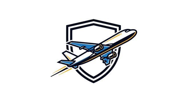 A stylized illustration of a blue and white airplane taking off in front of a black outlined shield, symbolizing safe travel and aviation security.