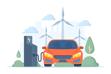 Renewable green energy concept featuring electric cars, charging stations, and wind turbines, symbolizing clean technology, sustainability, and eco-friendly power solutions.