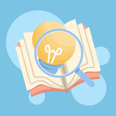 Educational concept open book with light bulb and magnifying glass science research learning knowledge exploration study geography study academic study innovation