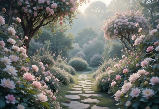 Stone path winding through beautiful pink flower garden landscape