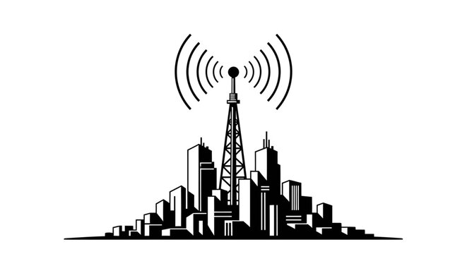 Stylized black and white illustration of a radio tower broadcasting signals over a city skyline.