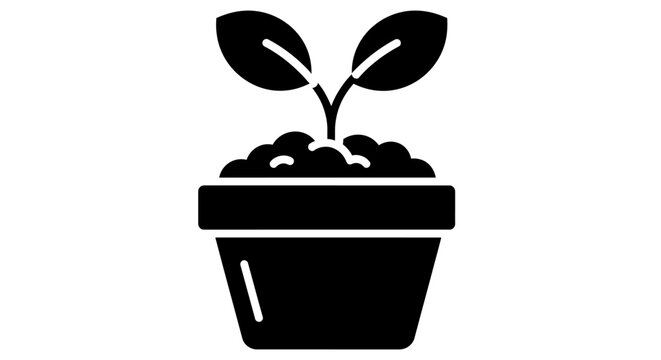 A black silhouette icon of a young plant seedling with two leaves growing in a pot of soil. - Powered by Adobe