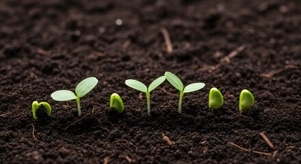 Tiny green seedlings emerging from rich dark soil in a row showing growth