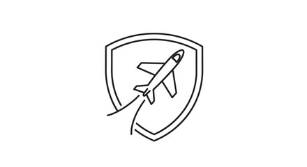 A stylized line art icon depicting an airplane taking off within a shield.