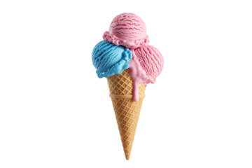 A delicious ice cream cone with three scoops of strawberry and bubblegum flavors sits on a white background.