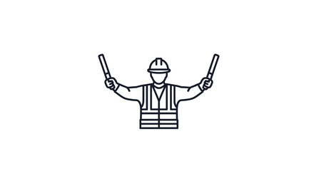 Line icon of a signalman wearing a hard hat and safety vest directing traffic with light wands.