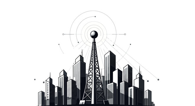 A stylized illustration of a city skyline with a prominent radio tower at its center, emitting concentric signal waves.