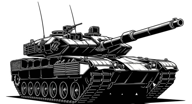 Detailed black and white illustration of a modern battle tank.