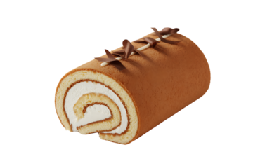 A delicious chocolate Swiss roll cake with cream filling and chocolate garnish sits isolated on a white background.