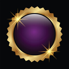 Glossy purple luxury badge with golden metallic border and bright star sparkles, premium circular emblem vector