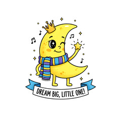 Kawaii Nursery Art Winking Moon King Holding Star - Dream Big Little One