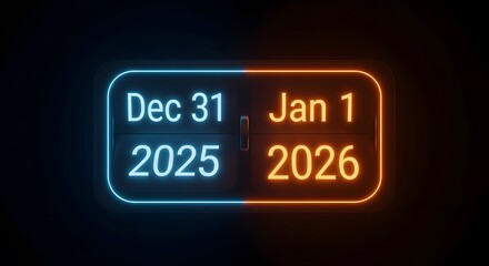 Neon sign displaying december 31 2025 and january 1 2026 marking the new year transition