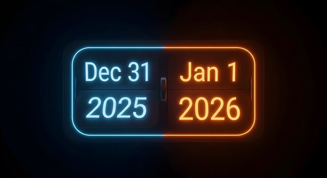 Neon sign displaying december 31 2025 and january 1 2026 marking the new year transition