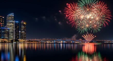 Spectacular fireworks display illuminates the night sky over a modern cityscape and its reflection