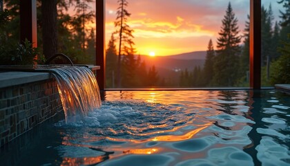 Outdoor spa pool with waterfall cascade during colorful sunset over forest hills. Water reflects orange sky light. Modern resort relaxation and nature views.