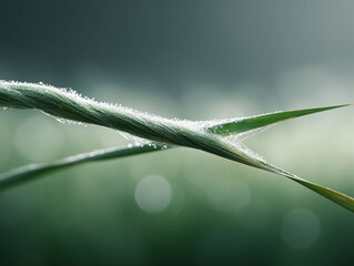 Obraz premium Delicate dew drops adorn a fresh green blade of grass, creating a glistening, ethereal effect. Perfect for nature, freshness, or renewal themes. Macro shot.