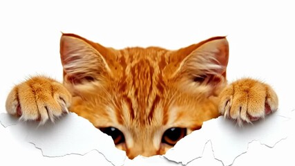 Curious orange kitten peeking through torn paper with wide eyes